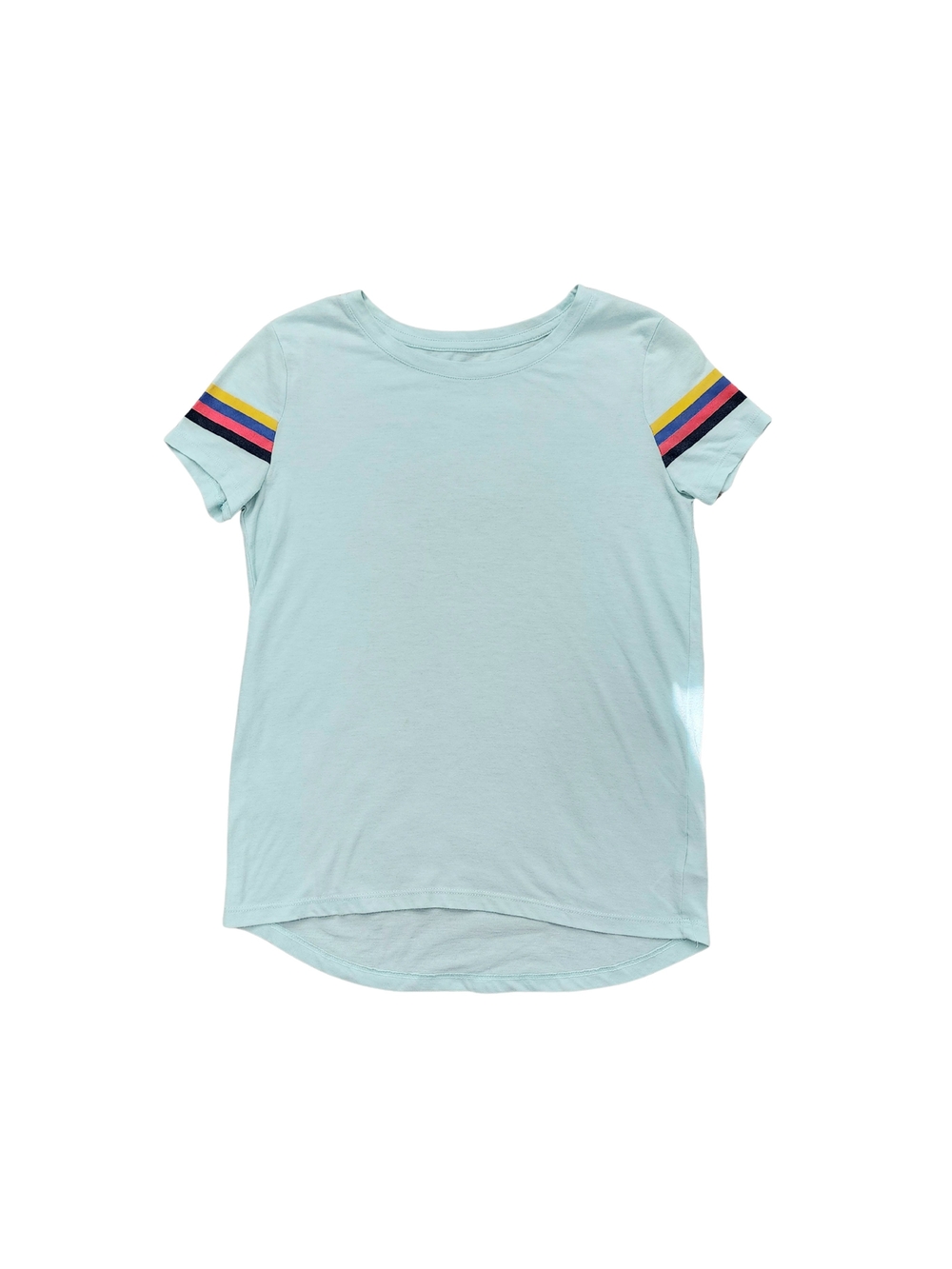 Old Navy Light Blue Girls' Short Sleeve Tee with Multicolor Sleeve Stripes